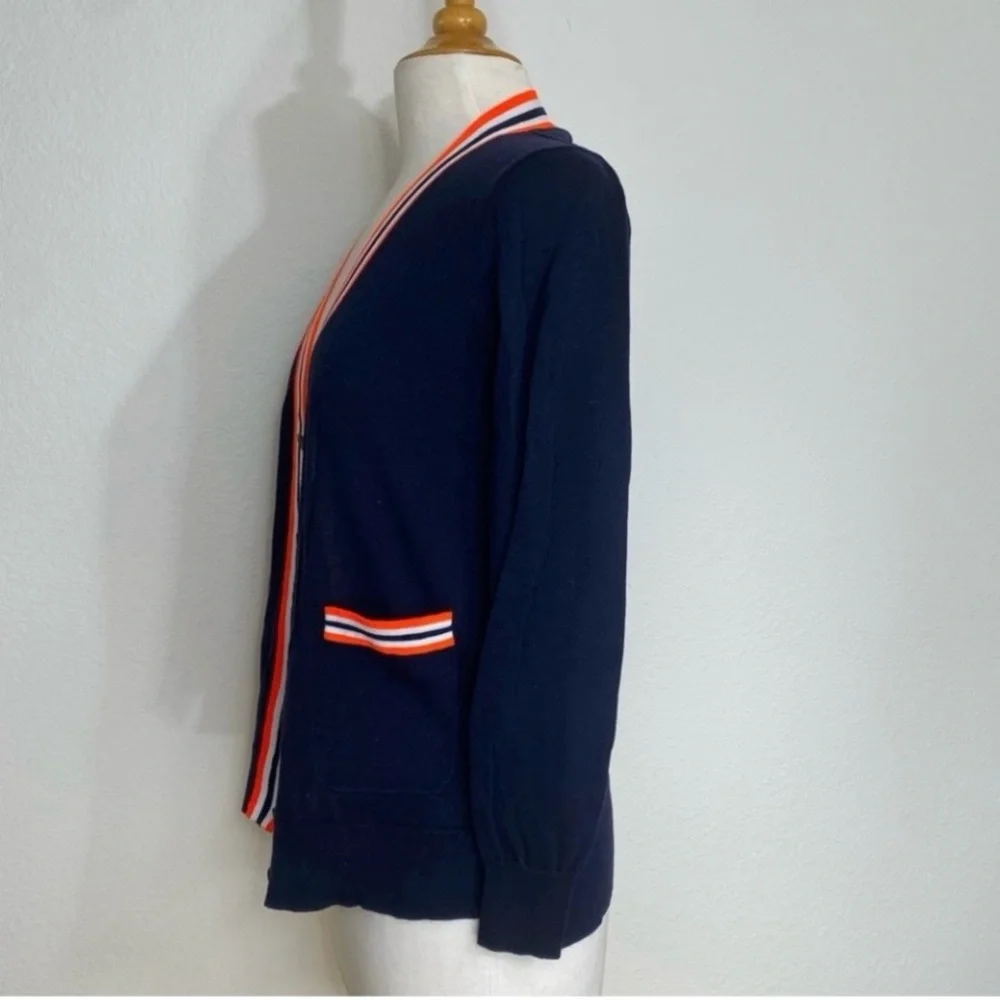 J. Crew Women Navy Neon Orange Stripe Detail Button Knit Cardigan Size XS Preppy - Picture 3 of 16